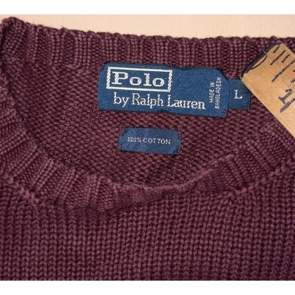Vtg Polo Ralph Lauren Sweater Large Burgundy Knit Ribbed Fisherman Crewneck 90s